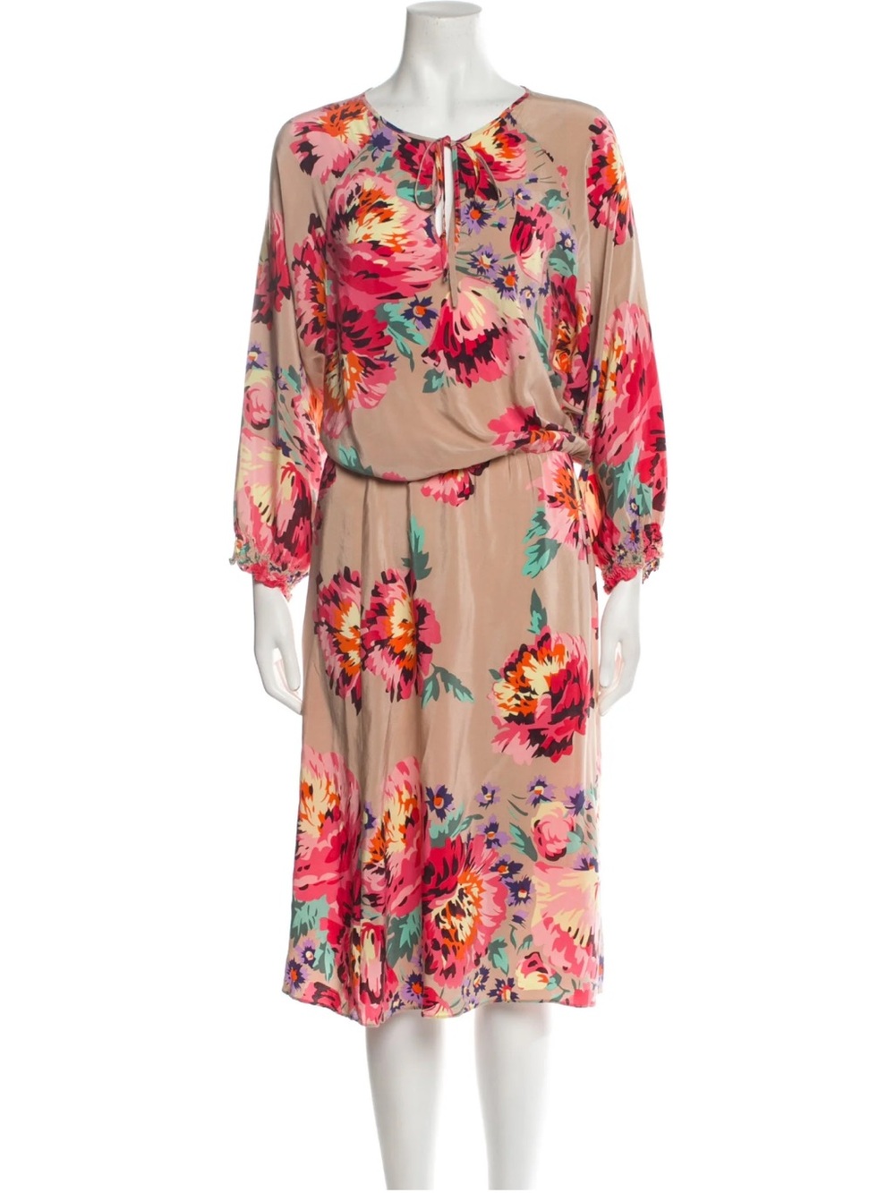 Tibi Silk Floral Midi Dress Women’s Smocked Sleeves Boho Tie-Neck Size 4
